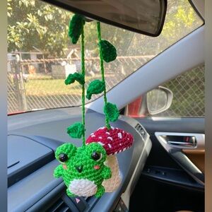 Crochet mushroom-frog mirror hanger for car